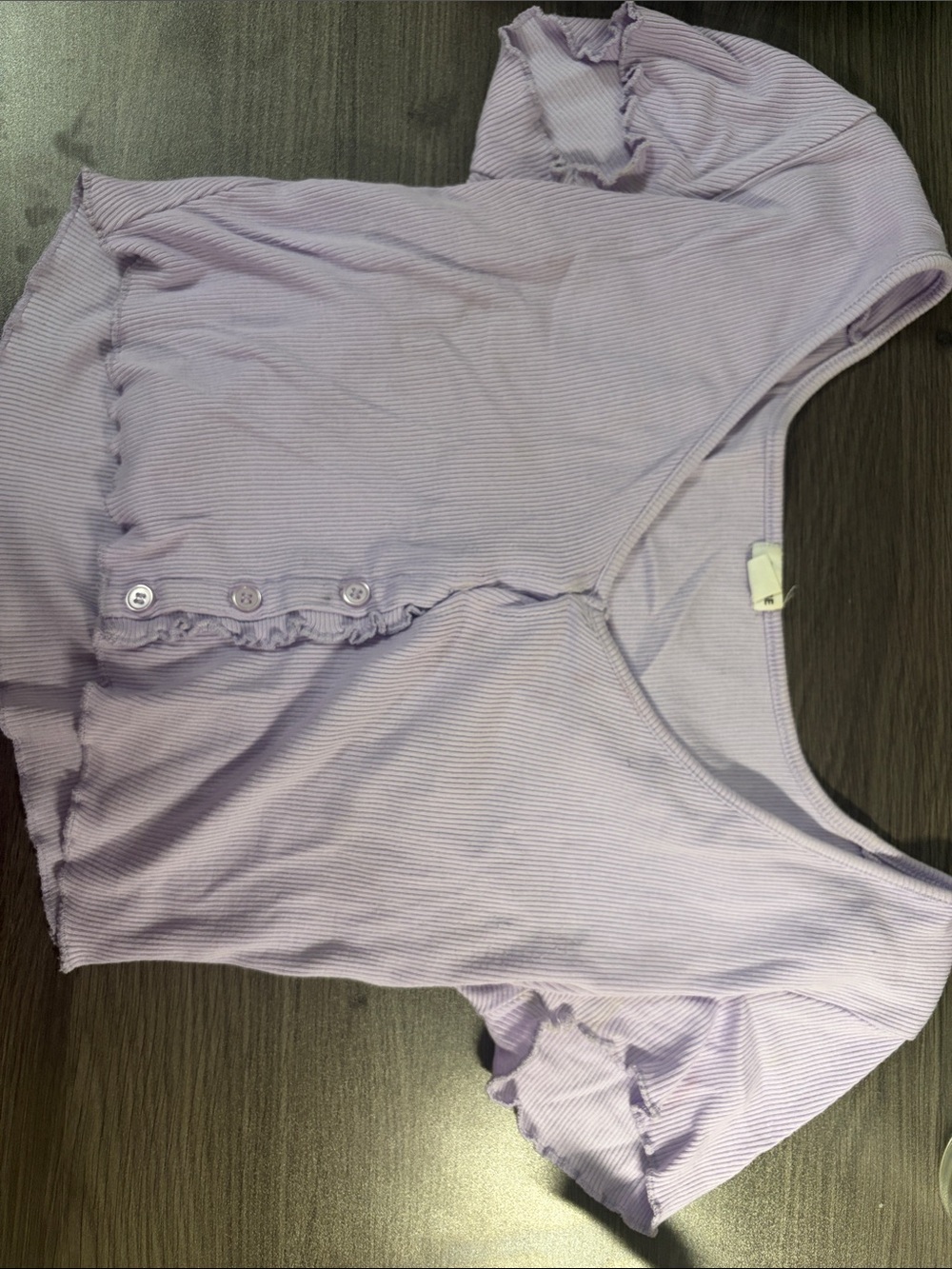 Garage Lilac Ribbed Ruffle-Trim Button Front Crop Top
